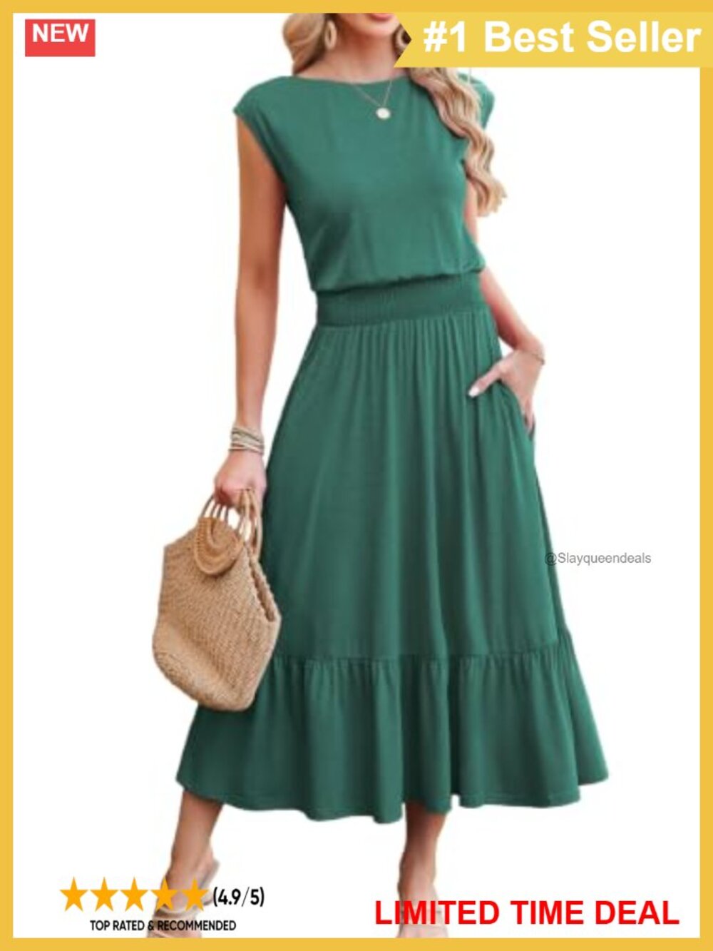 Midi Dress with Pockets Cap Sleeve Boat Neck Elastic Waist A-Line Casual